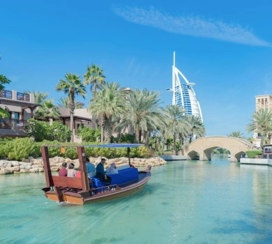 abra boat ride in madinat jumeirah with burj al arab view dubai