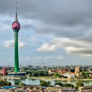 Colombo Lotus Tower skyline view with lake and cityscape in Sri Lanka