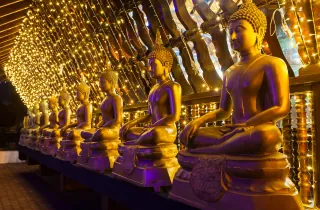 Golden Buddha statues illuminated at temple in Sri Lanka at night