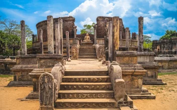 Ancient ruins and stone steps in Polonnaruwa heritage site