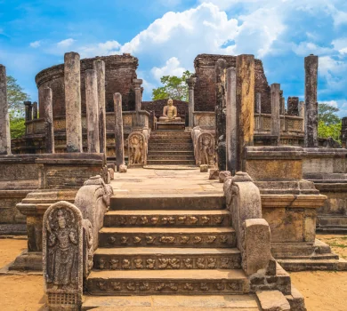 Ancient ruins and stone steps in Polonnaruwa heritage site