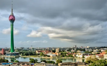 Colombo Lotus Tower and city skyline under dramatic cloudy sky