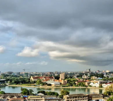Colombo Lotus Tower and city skyline under dramatic cloudy sky
