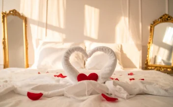Romantic honeymoon bedroom setup with heart-shaped towel swans and red rose petals on white bed linens.