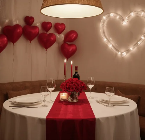 Romantic candlelight dinner setup with red roses and heart decorations