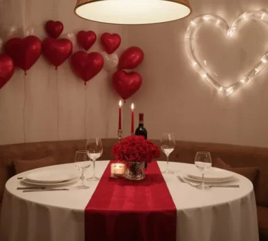Romantic candlelight dinner setup with red roses and heart decorations