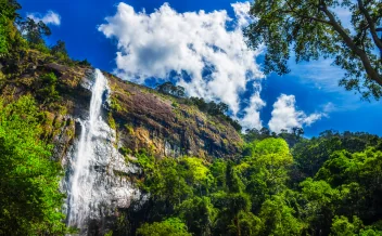 Tall waterfall cascading down lush tropical forest cliff